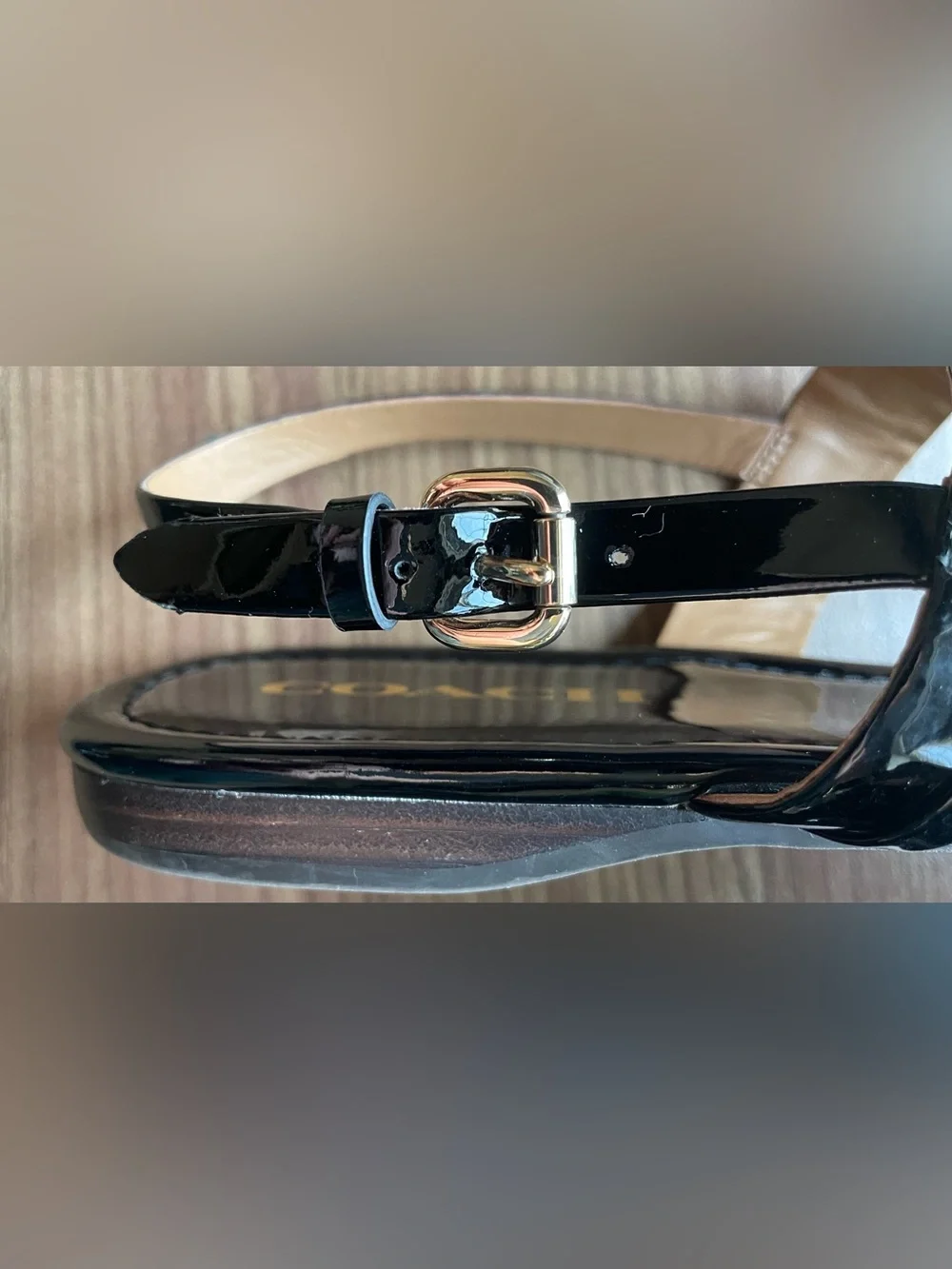 Coach Caterine Black Patent Leather T-Strap Sandals Plaque Gold 10B